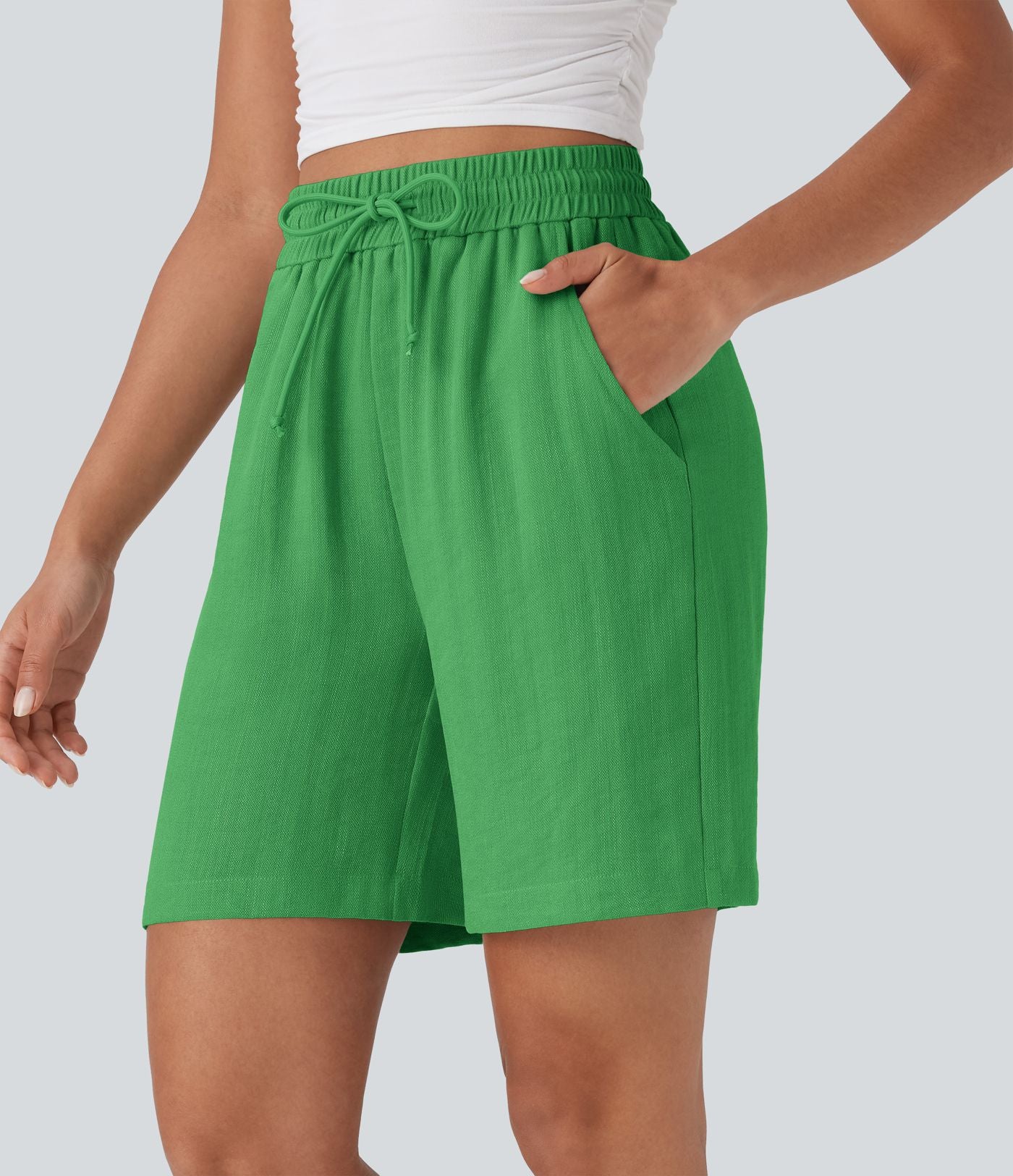 Short décontracté effet lin taille haute avec cordon de serrage et poches latérales