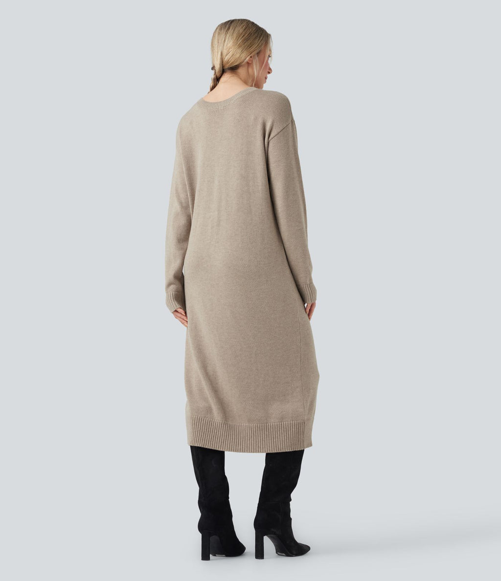 Robe pull laine mélangée col V manches longues mi-longue - réversible devant et dos