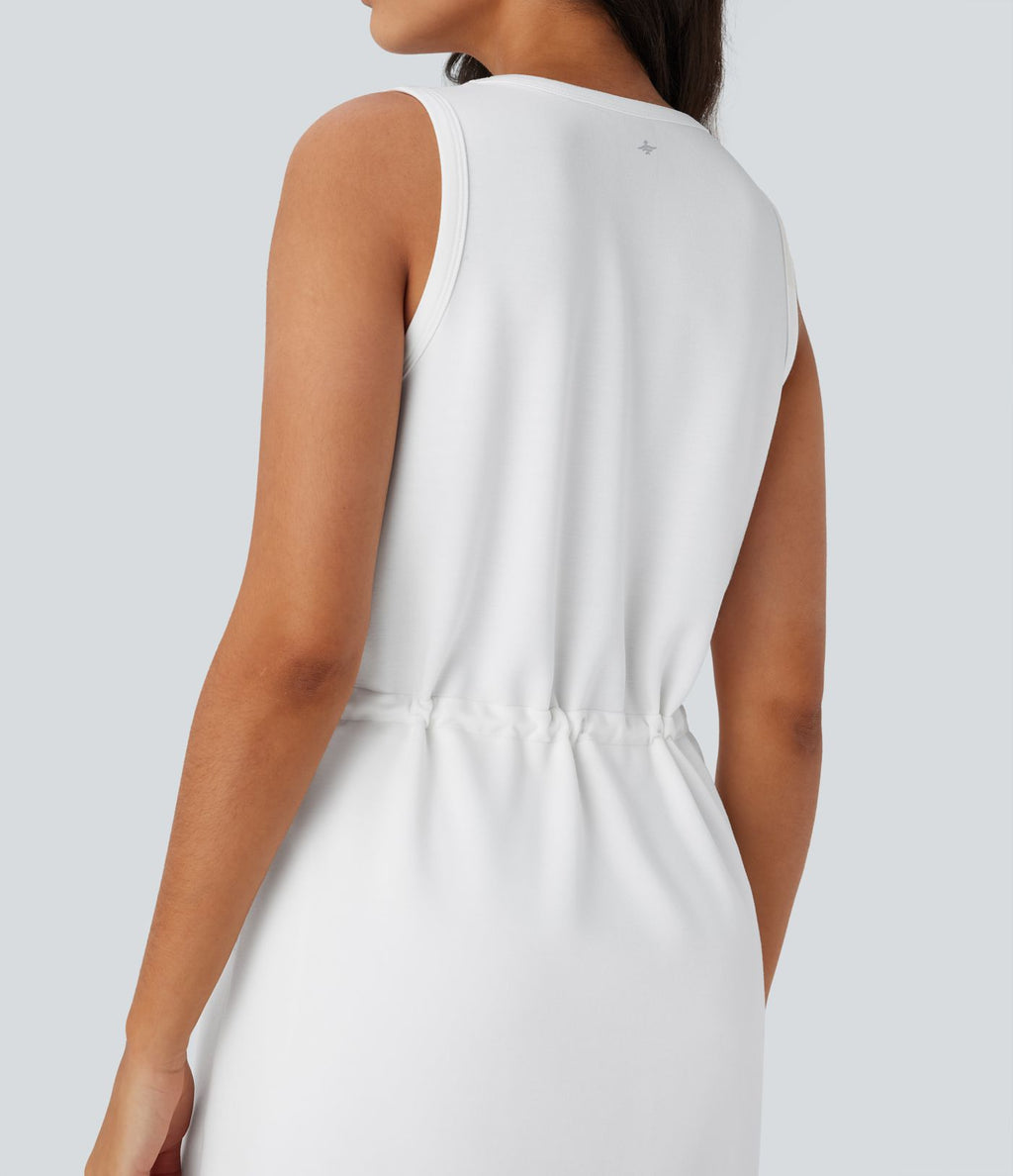 Robe active de yoga mini 2 pièces à col rond, sans manches, cordon de serrage et poches latérales