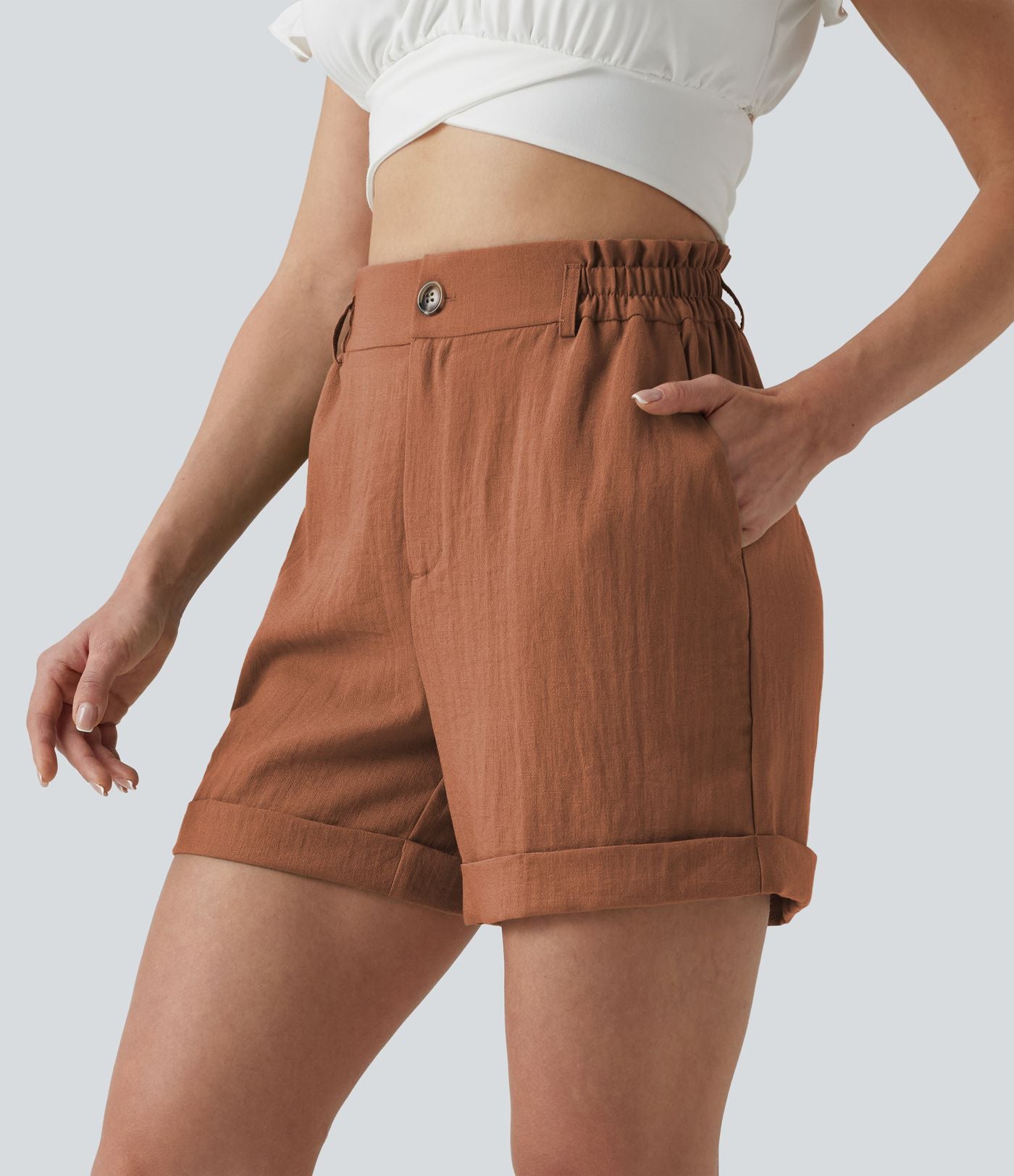Short resort 12,5 cm taille haute effet lin avec ourlet roulotté et poches