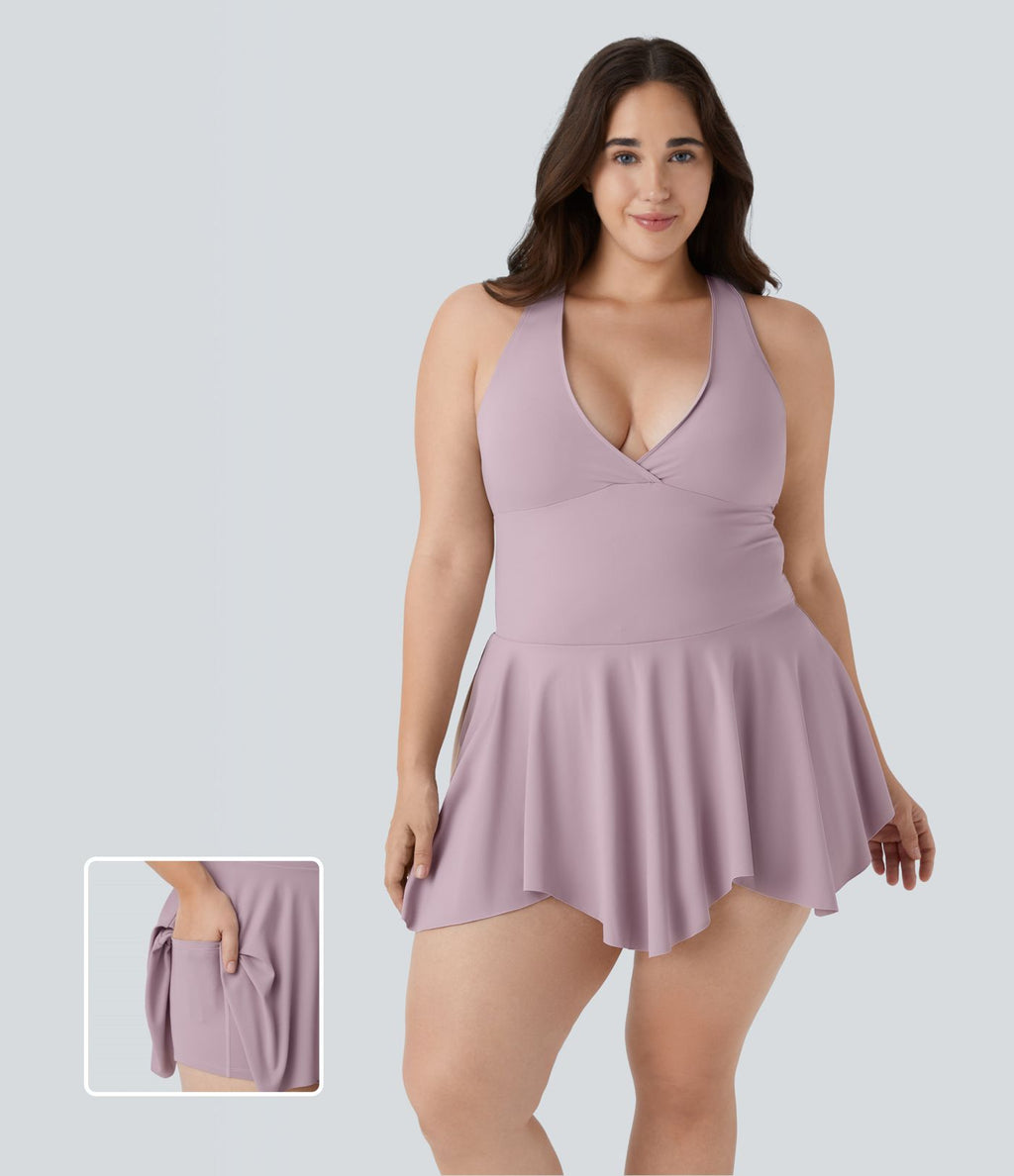 Robe Casual Grande Taille Mini 2-en-1 à Col en V Profond Dos Nu Dos Nageur Sans Manches avec Poches Latérales