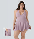 Robe Casual Grande Taille Mini 2-en-1 à Col en V Profond Dos Nu Dos Nageur Sans Manches avec Poches Latérales