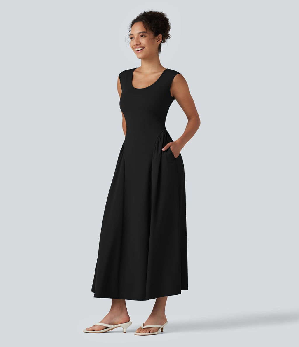 Robe longue casual fluide col U sans manches avec poches