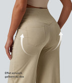 Pantalon large casual en lin stretch taille haute ventre plat avec poches