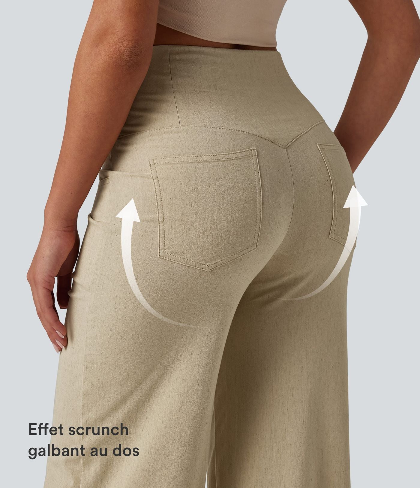 Pantalon large casual en lin stretch taille haute ventre plat avec poches
