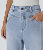 Jean décontracté Halara Flex™ taille haute extensible en maille avec bouton, fermeture éclair, poches multiples et effet délavé