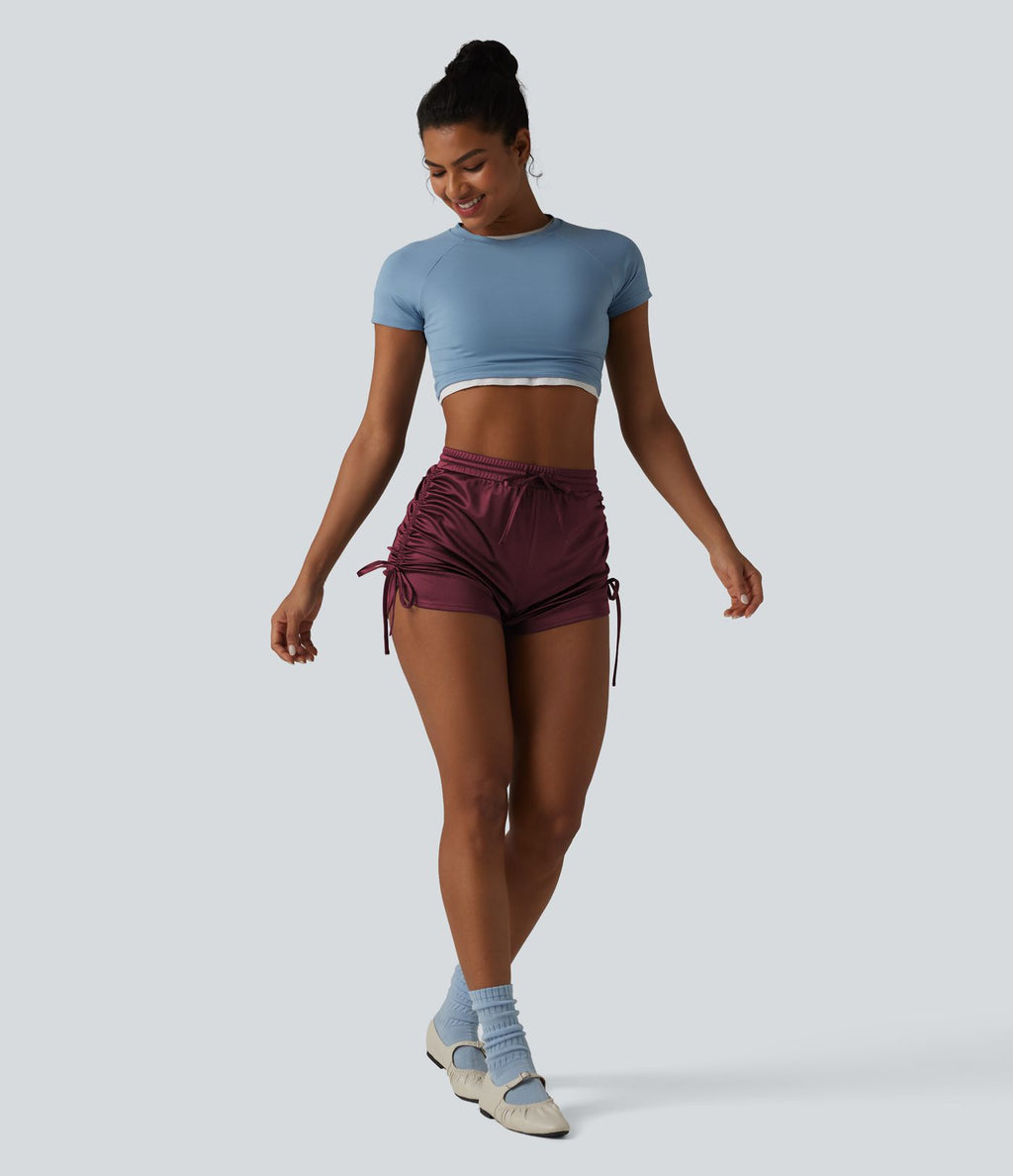 Short décontracté satiné taille haute avec cordon de serrage froncé et poche