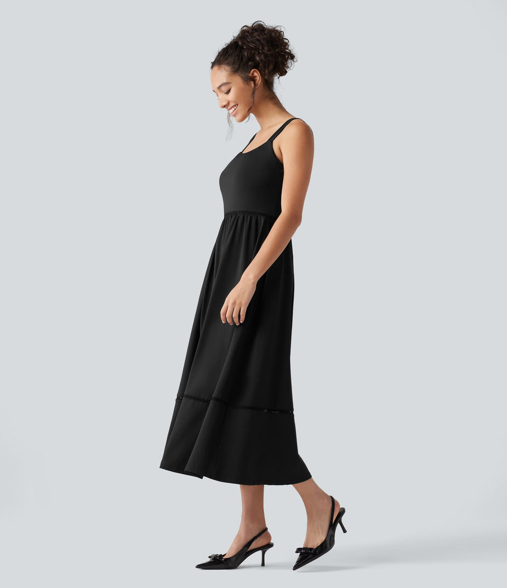 Robe midi fluide de vacances coupe trapèze à col carré avec découpes et poches