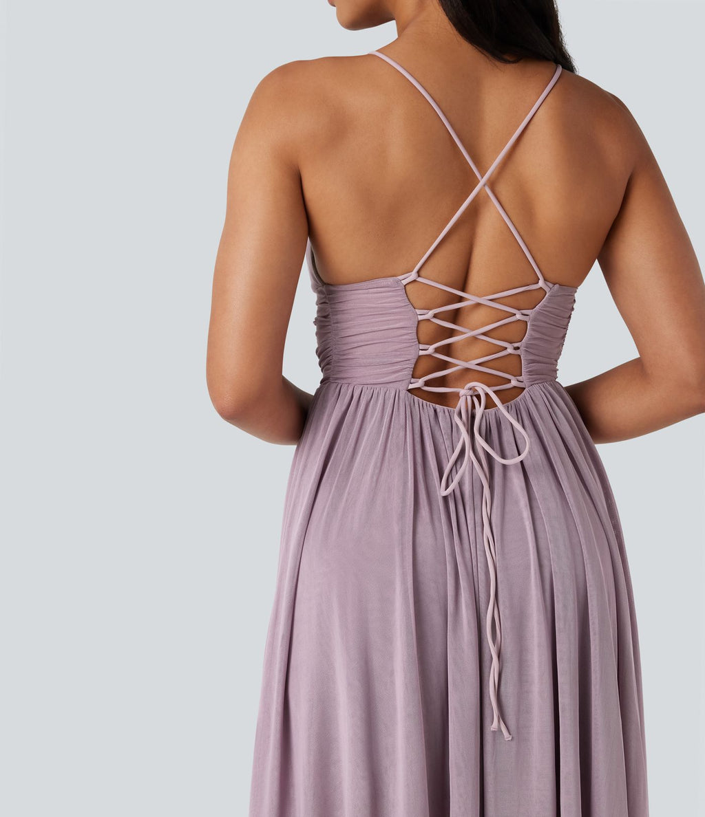 Robe longue à bretelles en résille superposée avec laçage et soutien-gorge intégré