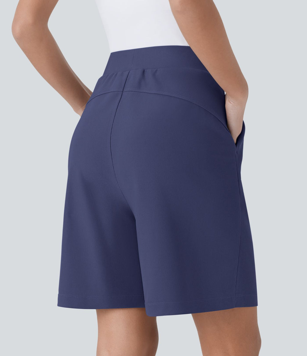 Short Bermuda Tailleur Fluide sculptant taille haute en maille gaufrée avec poches latérales
