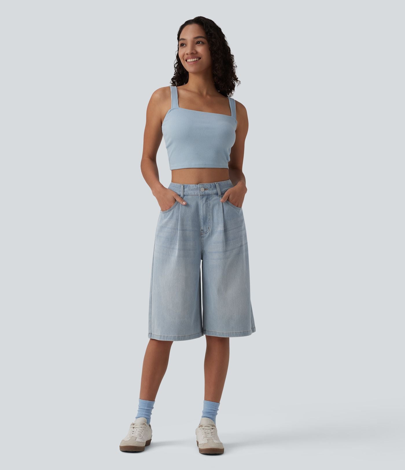 Bermuda denim décontracté Halara Flex™ taille haute avec poches