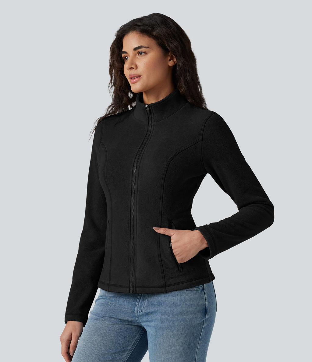 Veste polaire décontractée coupe ajustée à col montant, fermeture zippée et poches