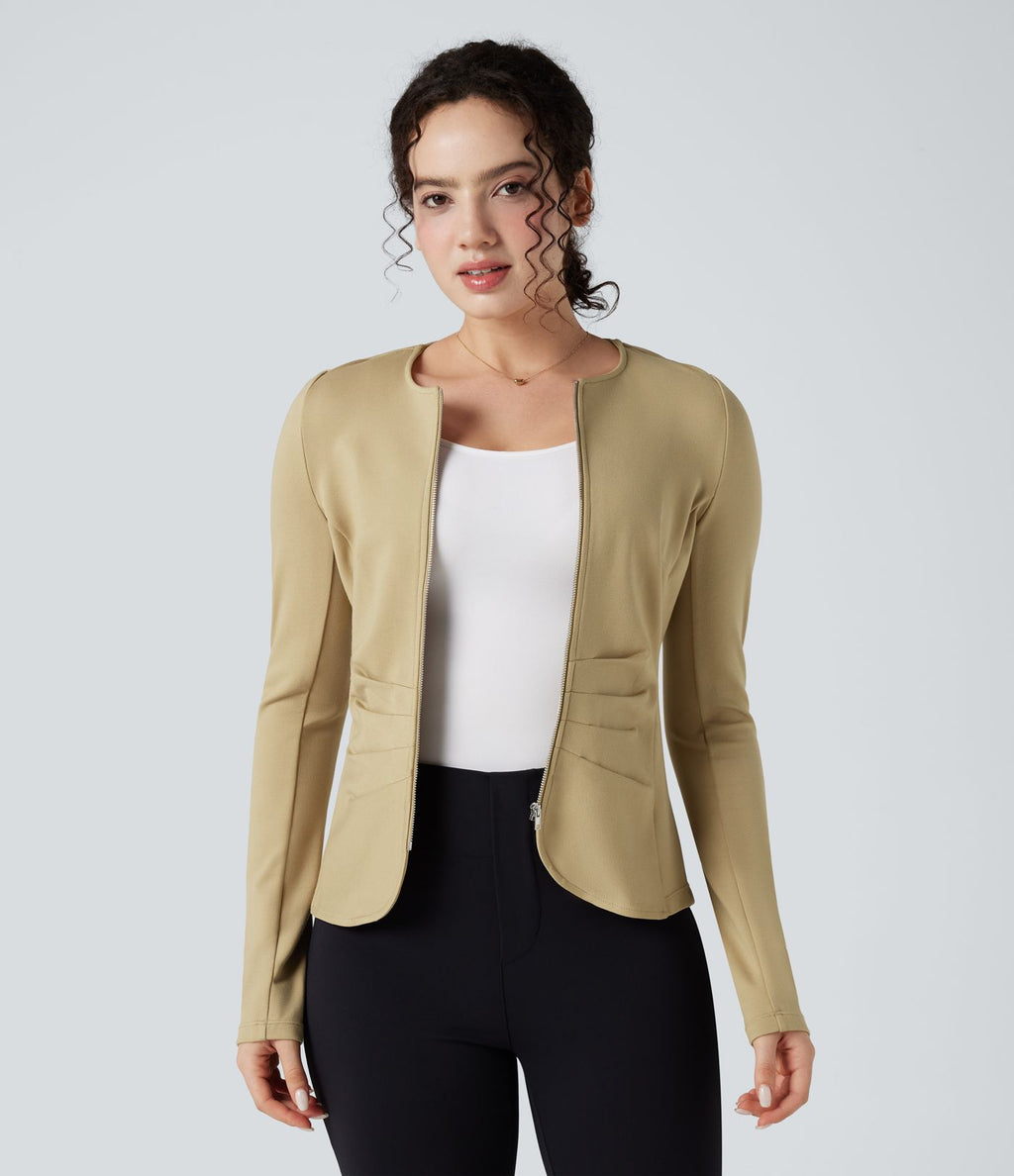 Blazer de travail col rond froncé zippé à manches longues
