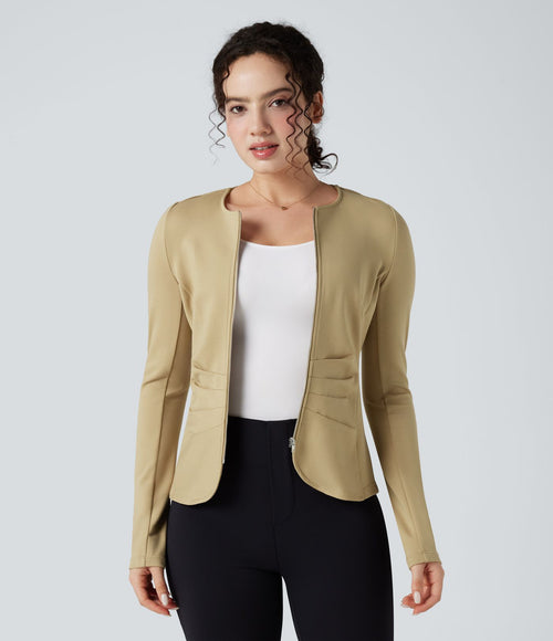 Blazer de travail col rond froncé zippé à manches longues