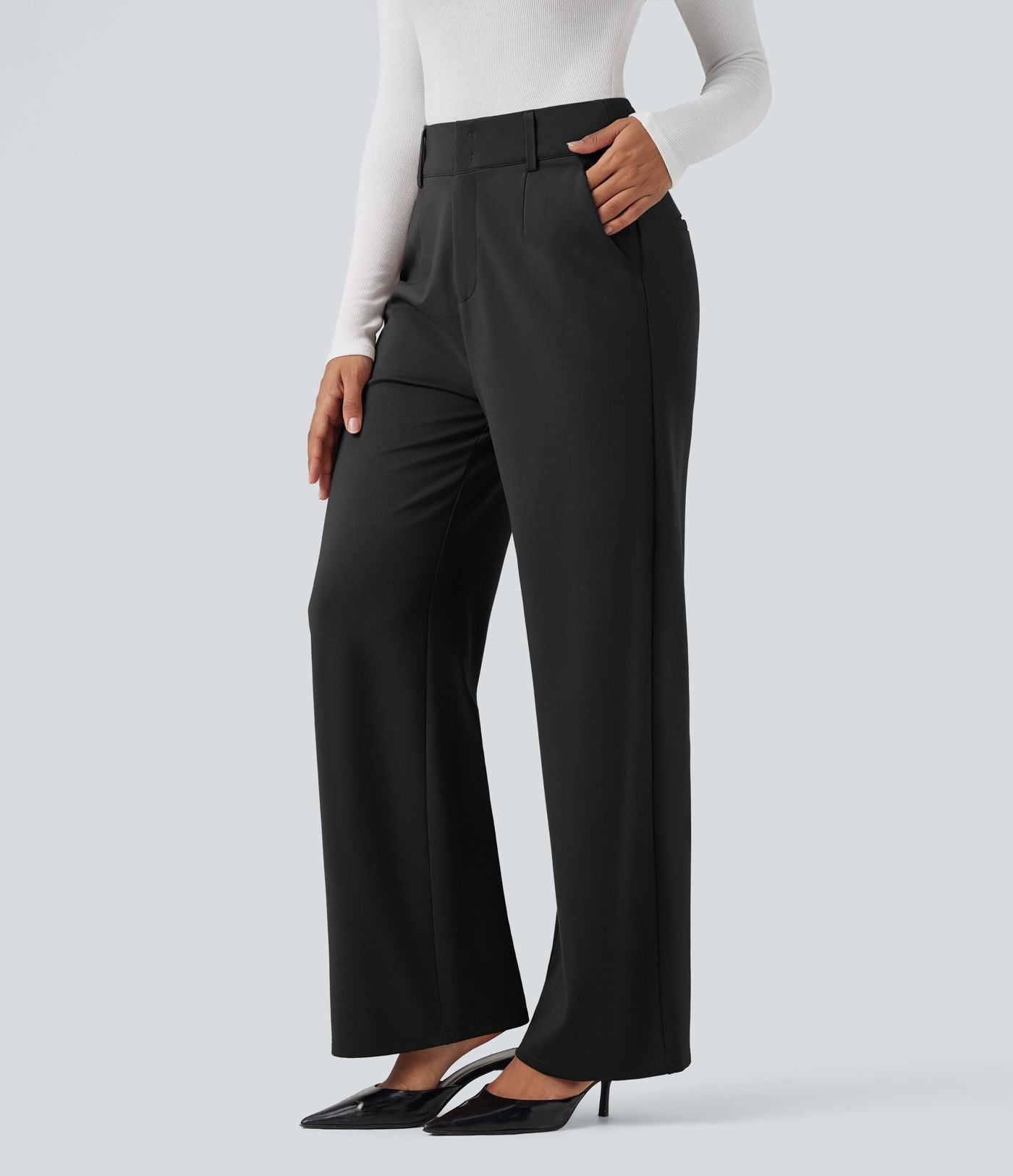 Pantalon tailleur coupe droite taille haute avec poches