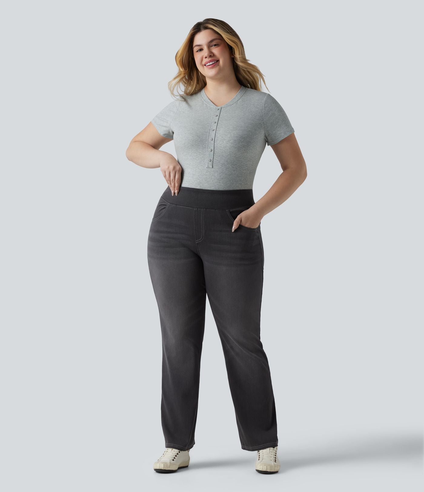 T-shirt Halara grande taille décontracté en jersey de coton, col Henley ultra-ajusté, manches courtes