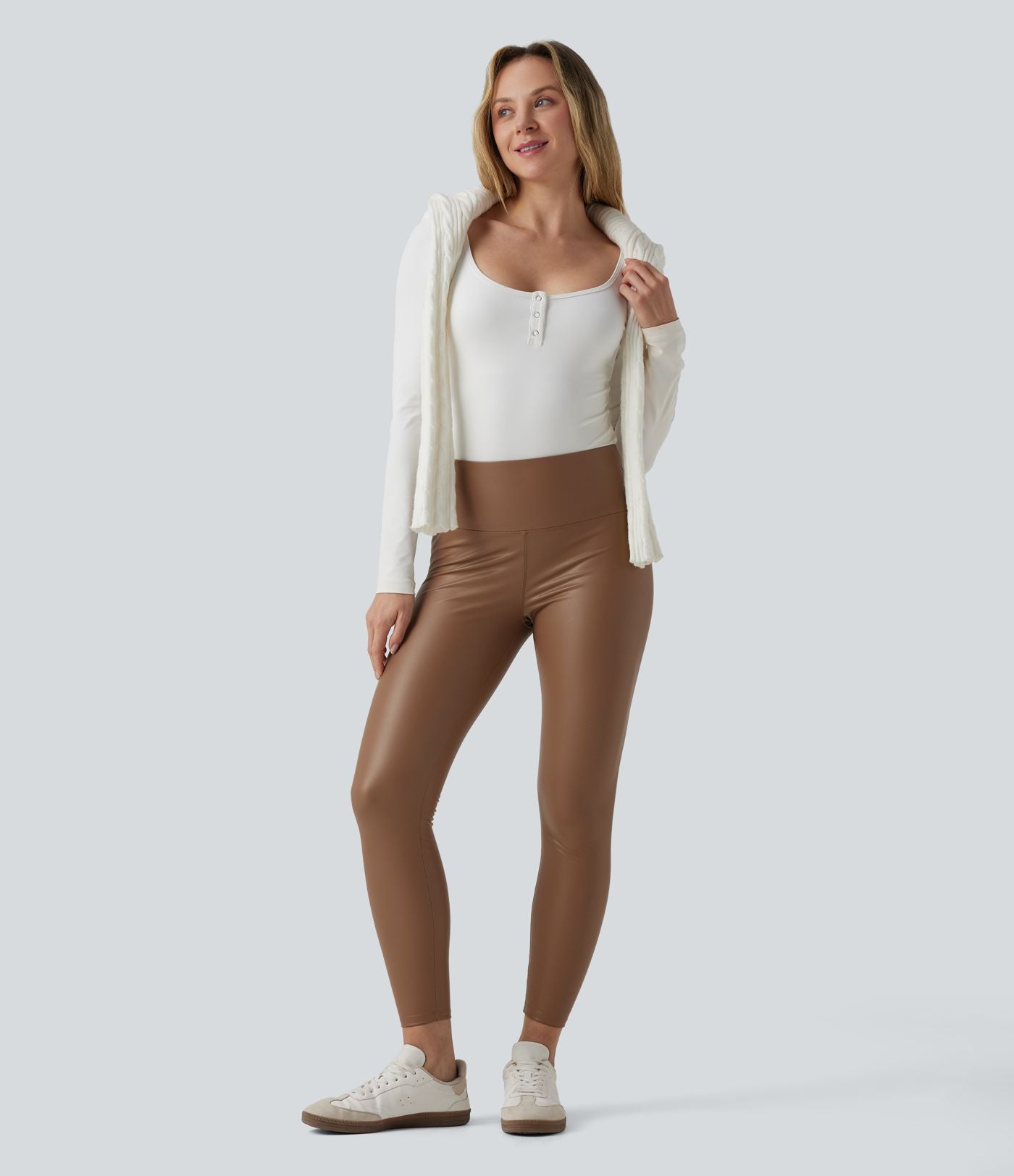 Pantalon 7/8 moulant décontracté polaire gainant taille haute extensible effet cuir avec poches