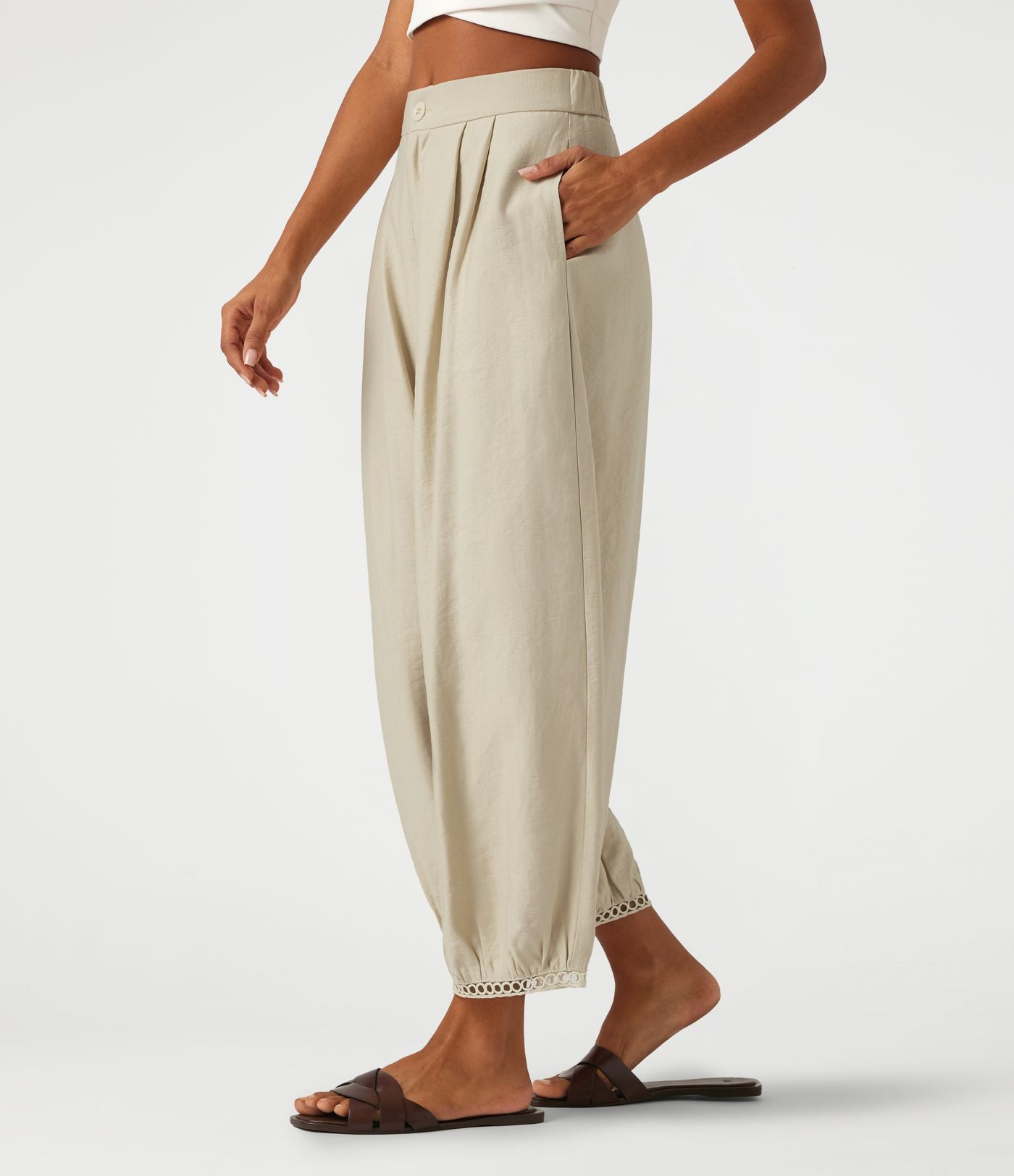 Pantalon casual barrel longueur 7/8 taille mi-haute à bordure ajourée avec poches