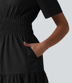Robe-chemise midi fluide et décontractée en popeline extensible à manches courtes et poches