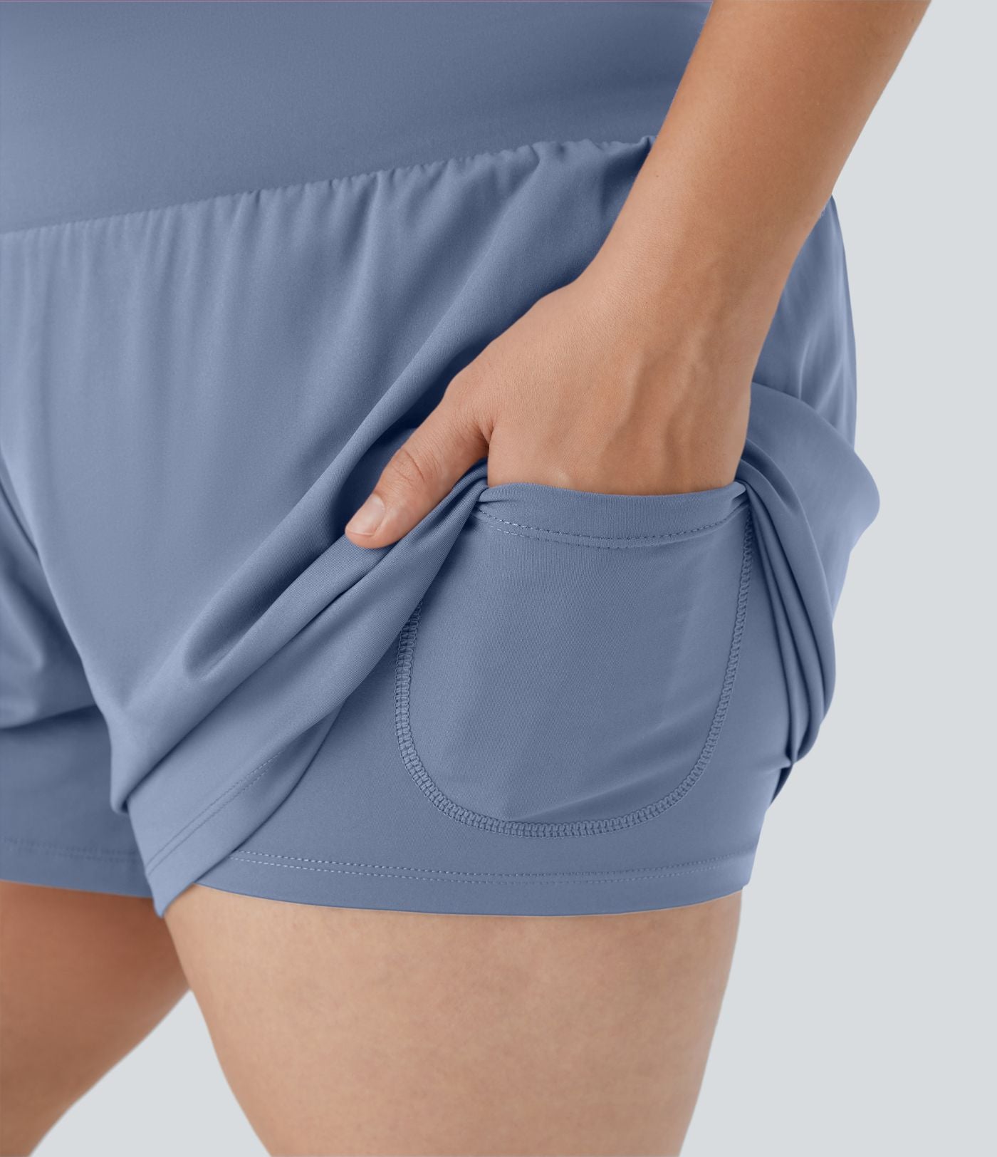 Short Yoga 10cm Plus Longue Taille Ultra Haute 2 en 1 Poche Arrière Poche Cachée Latérale Grande Taille