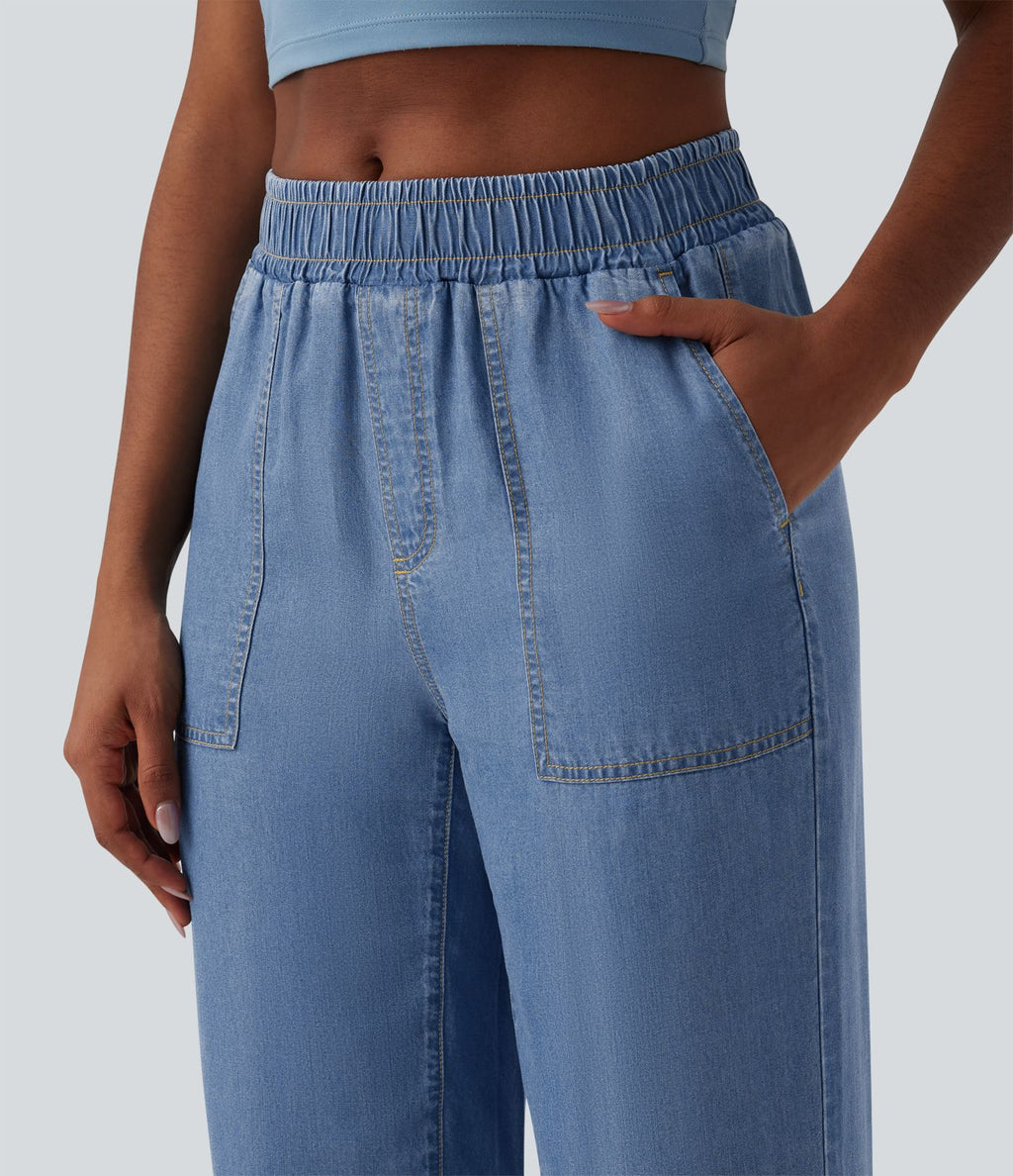 Jogging casual denim en lyocell drapé taille mi-haute avec poches