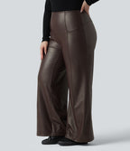 Pantalon flare grande taille en simili stretch doublé polaire, taille haute effet ventre plat avec poches