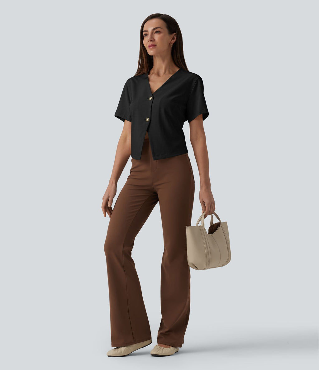 Blouse de travail col V manches courtes aspect lin