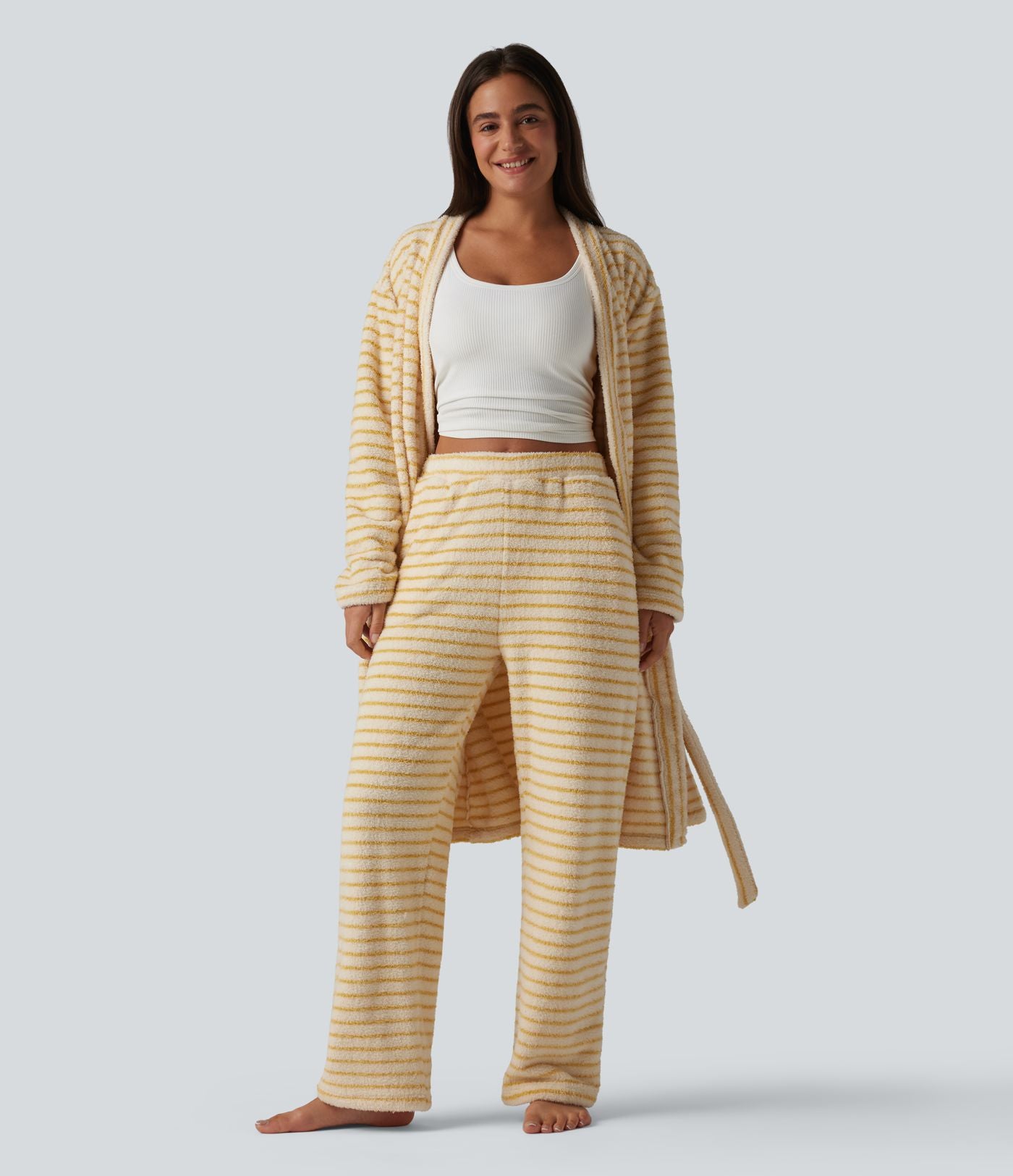 Robe d'intérieur longue en flanelle à rayures manches longues ouverte avec ceinture