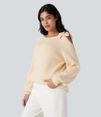 Top tricot col rond nœud latéral manches longues