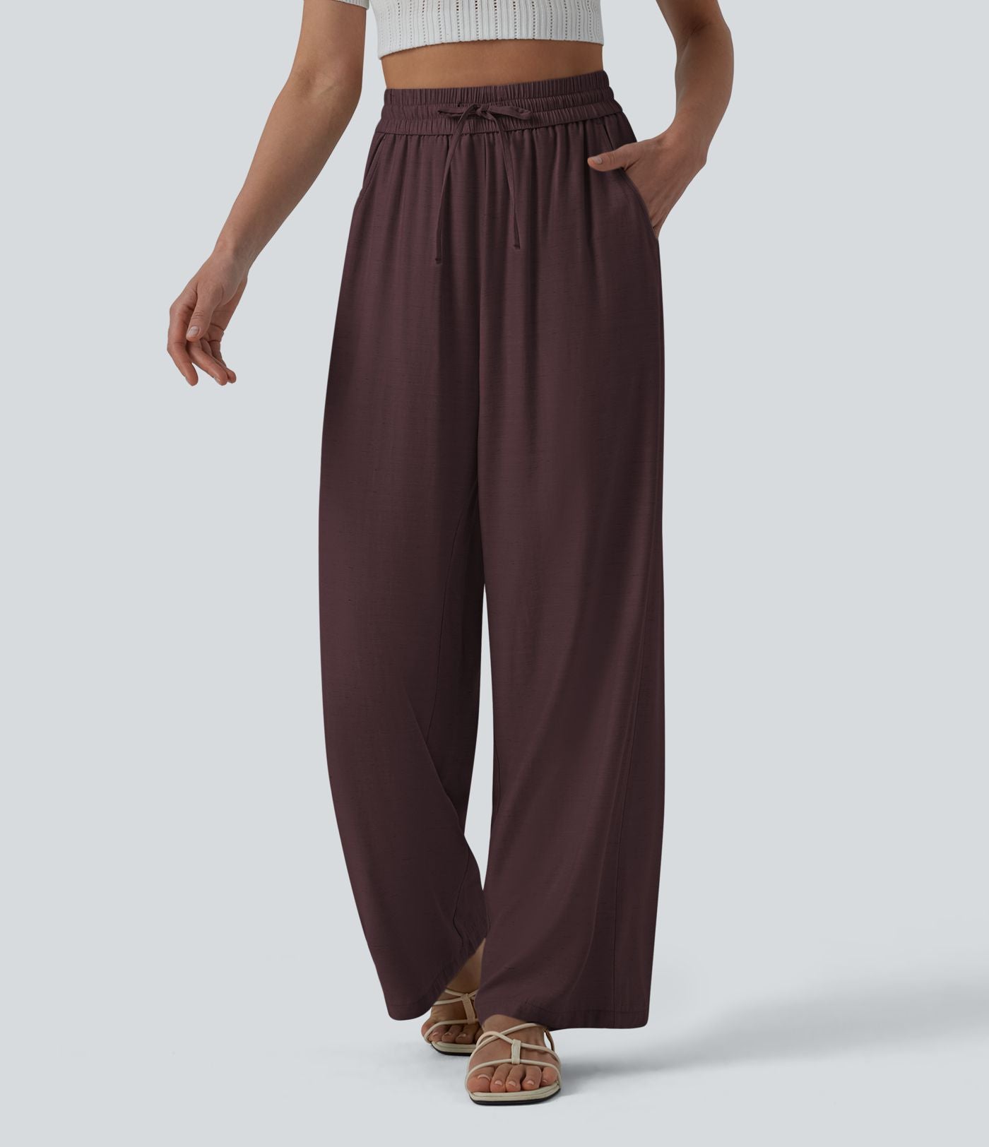 Pantalon casual large fluide mélange lin taille haute avec cordon de serrage et poches
