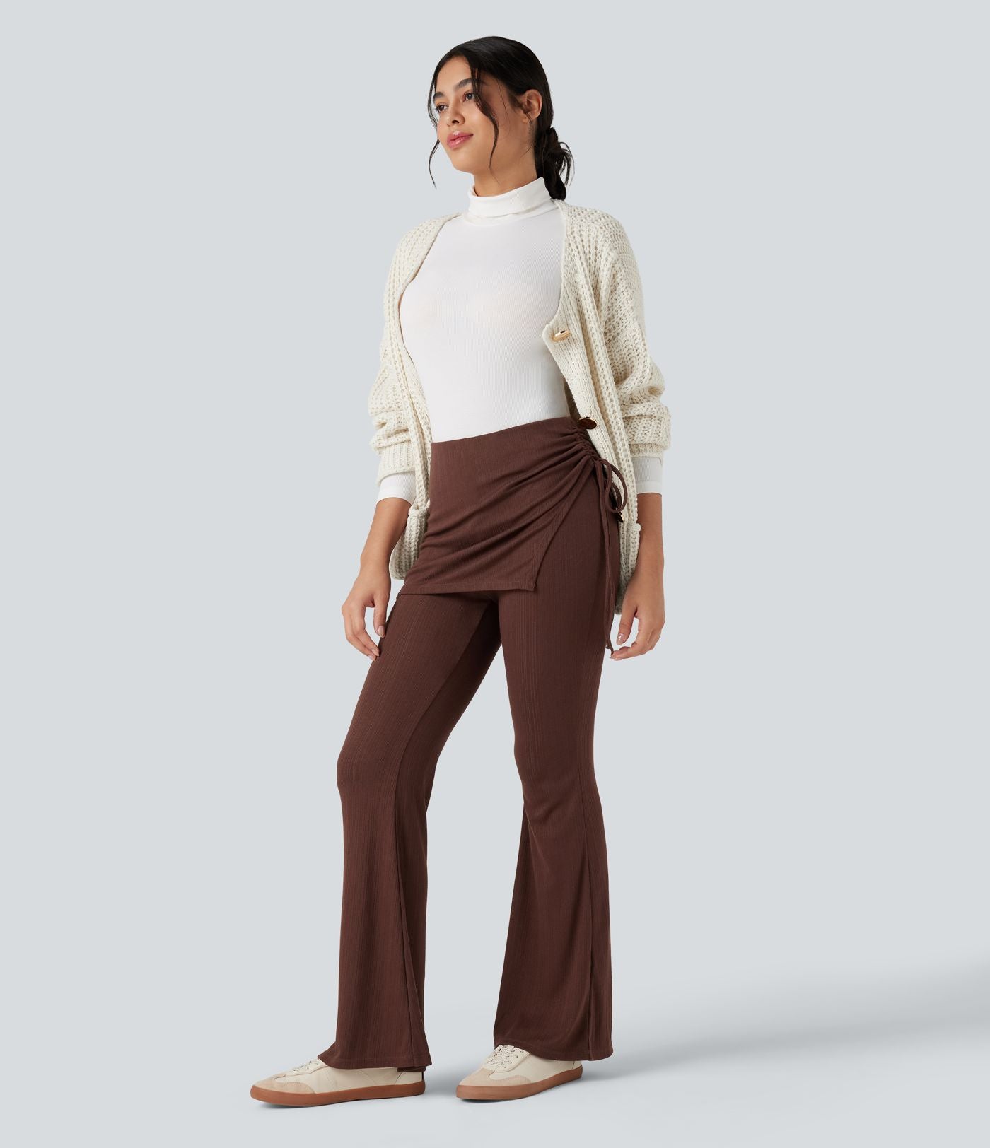 Pantalon évasé côtelé 2-en-1 froncé taille mi-haute avec cordon de serrage