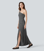 Robe longue décontractée à rayures, asymétrique, sans manches, en maille côtelée, avec poche