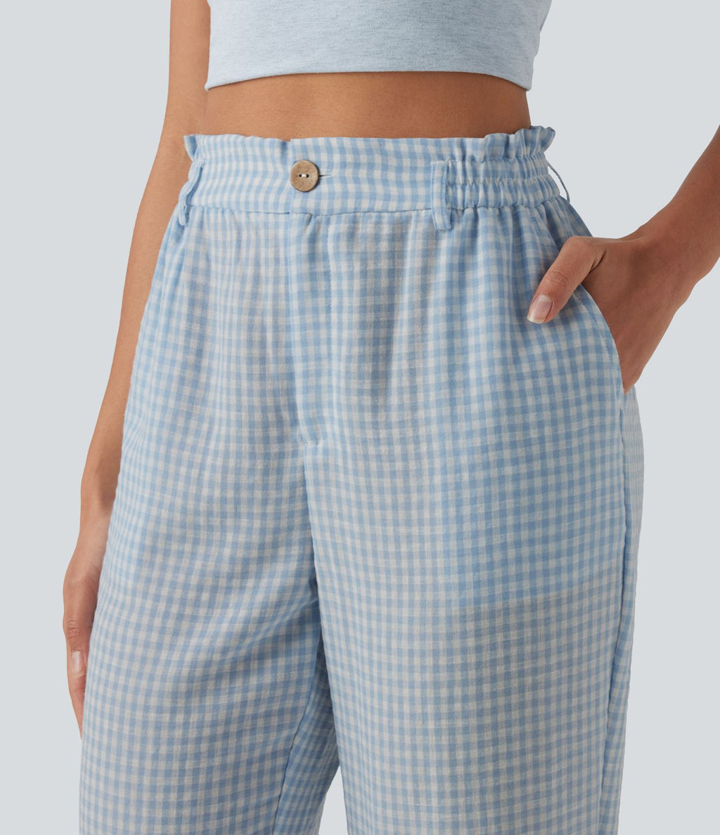 Pantalon 7/8 décontracté aspect lin à carreaux taille haute avec poches