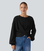 Sweatshirt casual côtelé maille col rond manches longues avec ourlet torsadé