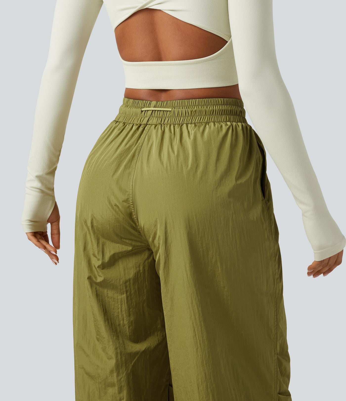 Pantalon cargo ample de randonnée taille haute avec cordon de serrage, fronces et poches