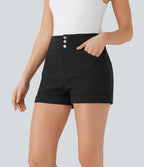 Short décontracté moulant taille haute avec boutons, ourlet roulé et poches