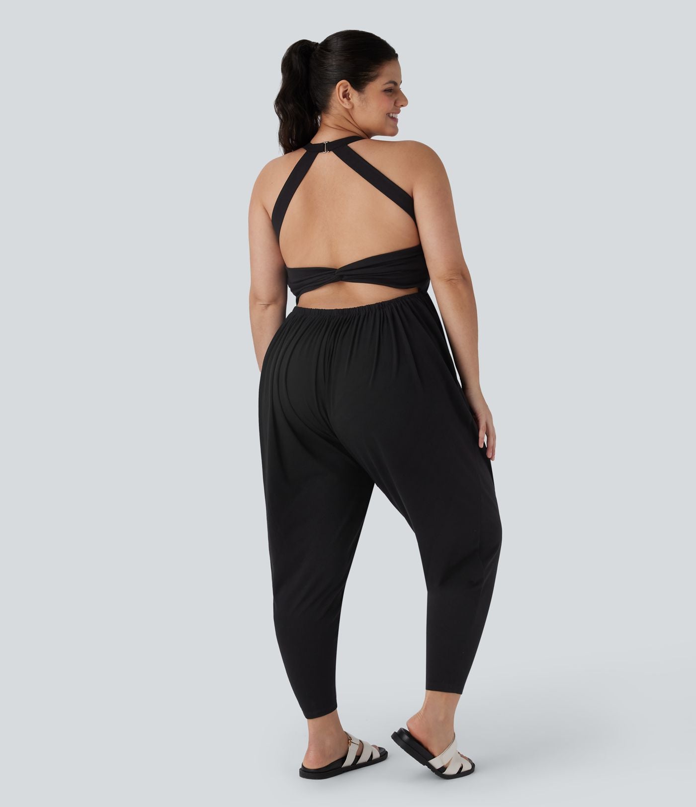 Combinaison sarouel dos nu torsadée grande taille avec poche latérale - Édition facile à enfiler