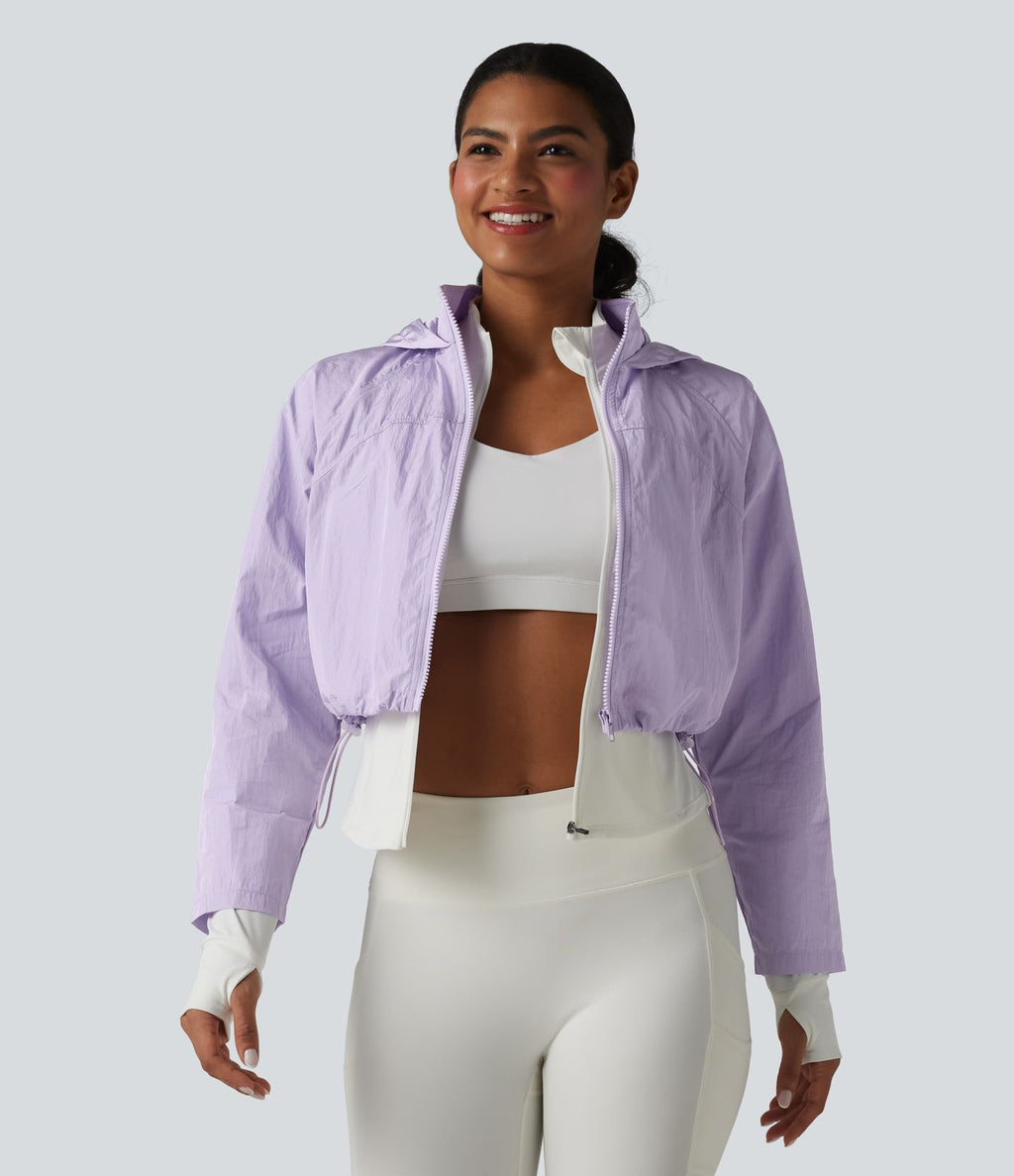 Veste de running 3-en-1 déperlante à capuche avec trous pour les pouces, ourlet arrondi et poches