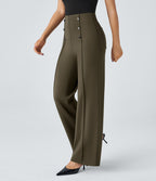 Pantalon Tailleur Large Taille Haute avec Bouton et Poches