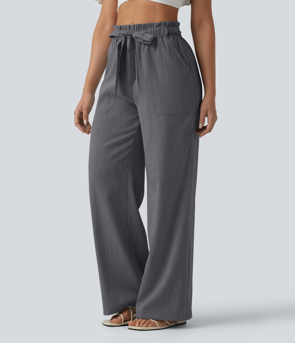 Pantalon décontracté effet lin taille haute, coupe droite, ceinturé avec finitions ondulées et poches
