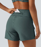 Short de yoga 2-en-1 à rayures, taille très haute, 12,5 cm, à poches
