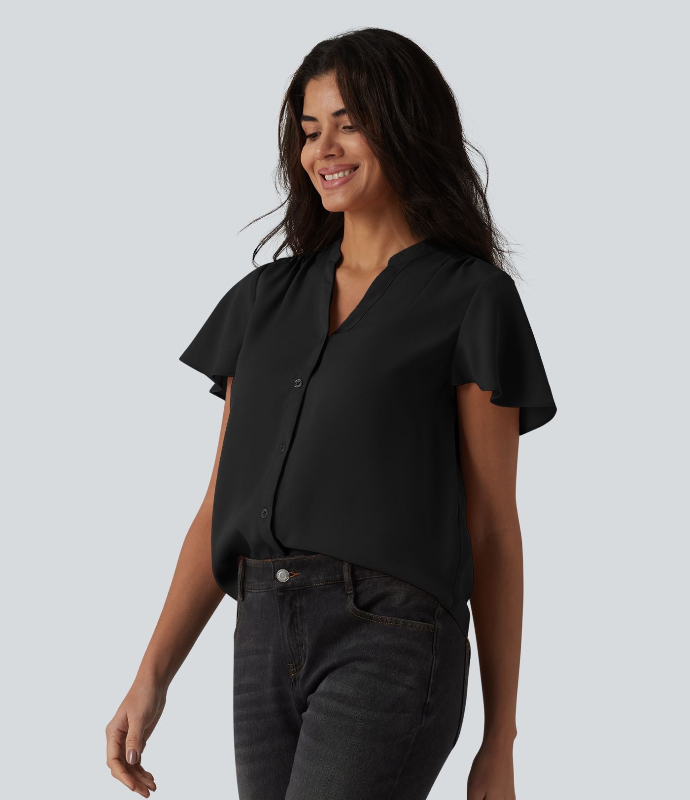 Blouse casual col V à manches volantées et ourlet arrondi