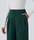 Pantalon Tailleur Large Fluide à Rayures, Taille Haute, Bouton et Fermeture Éclair, Poches Latérales