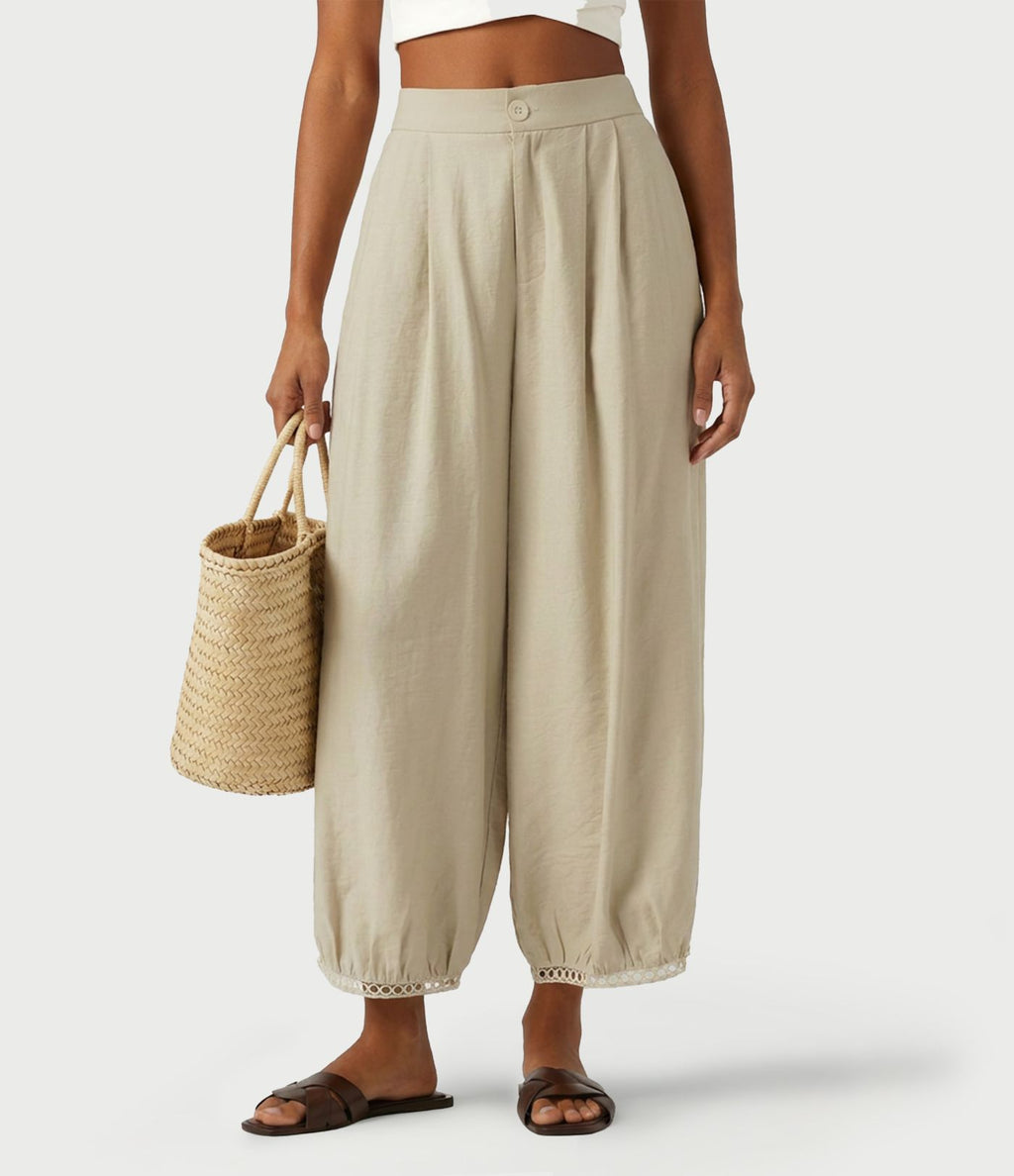 Pantalon casual barrel longueur 7/8 taille mi-haute à bordure ajourée avec poches