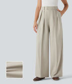 Pantalon tailleur anti-froissement aspect lin taille haute jambe large avec poches
