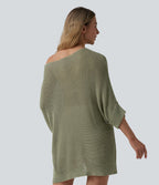 Pull décontracté oversize asymétrique demi-manches ourlet fendu avec poche