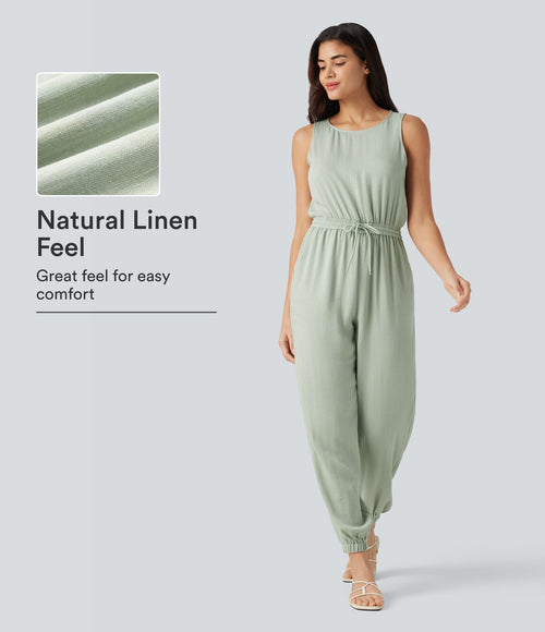 Combinaison casual col rond sans manches avec cordon de serrage, aspect lin et poches