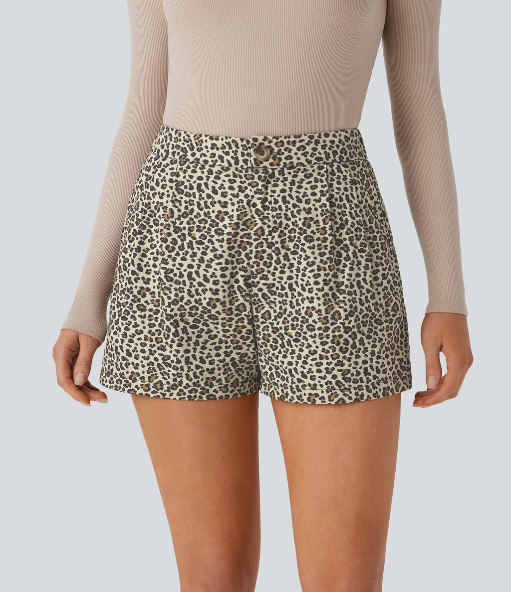 Short en coton décontracté taille haute, poches latérales et imprimé léopard