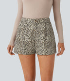 Short en coton décontracté taille haute, poches latérales et imprimé léopard
