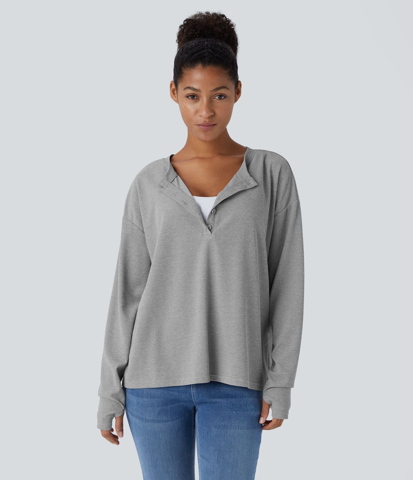 Sweatshirt Casual Waffle à Boutons Devant avec Trou Pouce et Fente